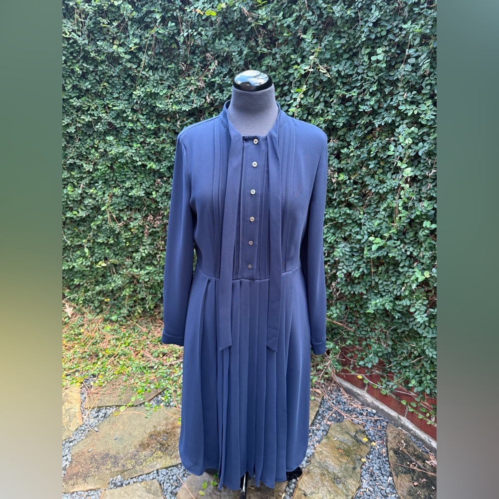 Brooks Brothers Pleated Navy Dress with Bow Detail - Picture 3 of 6